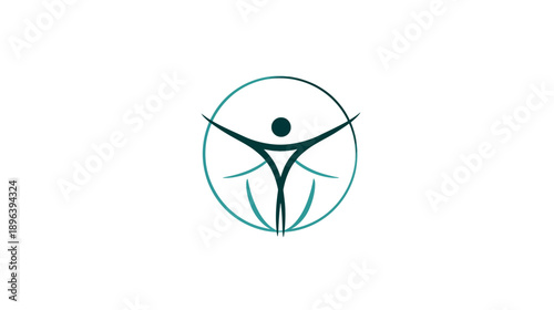 Abstract human figure reaching for success within a teal circle, symbolizing health, well-being, freedom, and positive energy.