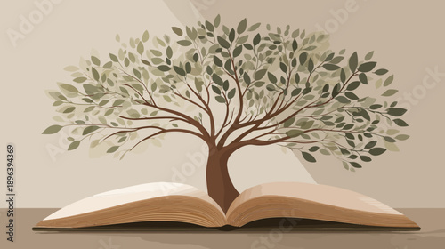 Illustration of a vibrant green tree growing out of an open book, symbolizing knowledge, education, learning, and personal growth.