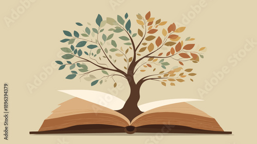 Symbolic Tree of Knowledge and Growth Emerging from an Open Book, Representing Education, Learning, Wisdom, and Nature