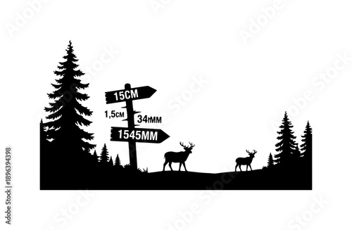 Black Vector Silhouette of Deer and Forest with Direction Signs