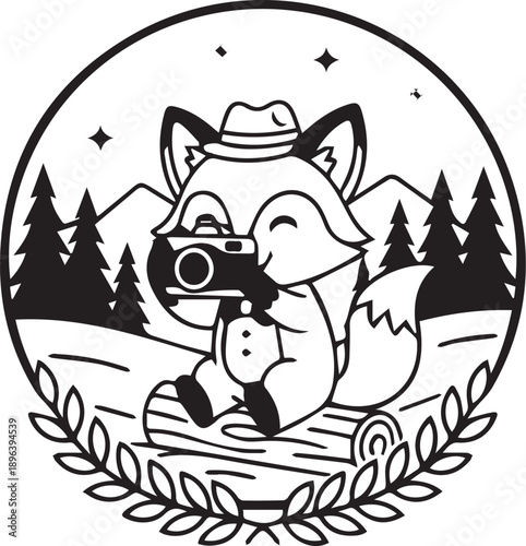 Adventurous Fox Photographer Whimsical Black and White Circular Emblem of a Cute Fox Character Taking Photos in a Forest Setting