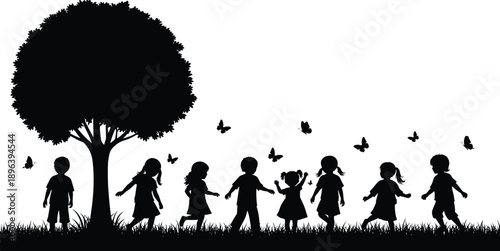Collection of Happy Children Silhouette Vector Illustration Set, Kids Playing on Grass with Butterflies under Large Tree for Childhood Education and Park Design,