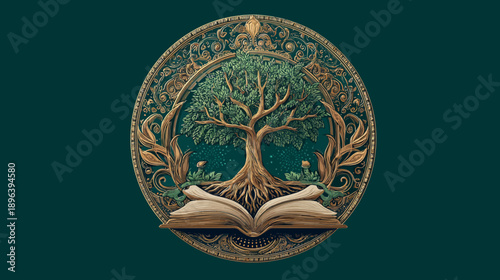 Ornate Tree of Life emblem with an open book, featuring intricate gold filigree, leaves, and roots on a dark green background.