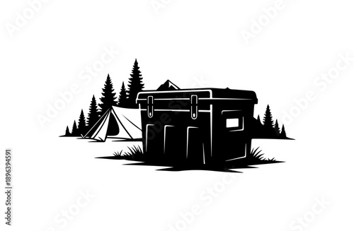 Camping Trailer and Tent in Forest Vector Illustration