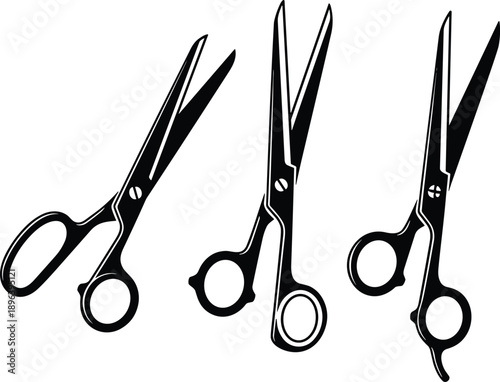 Black and white vector illustration set of professional scissors and shears for tailoring hair styling stationery office supplies and sharp tool concepts