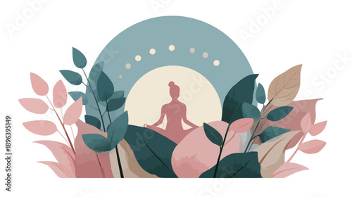 Serene illustration of woman meditating in lotus pose amidst tranquil botanical leaves. Concept of mindfulness, yoga, peace, and mental wellness.