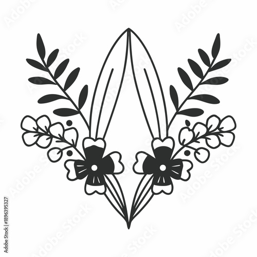 Elegant symmetrical floral ornament with stylized leaves and blossoming flowers