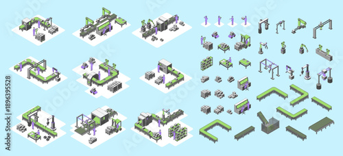 Cartoon Color Conveyor Processes Factory Concept 3d Isometric View Robotic Lines and Elements for Industrial Purposes. Vector illustration