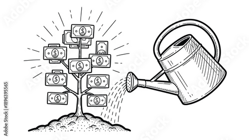 An illustration of a money tree with currency bills as leaves and a watering can pouring water on it. Symbolizes growth and nurturing wealth.