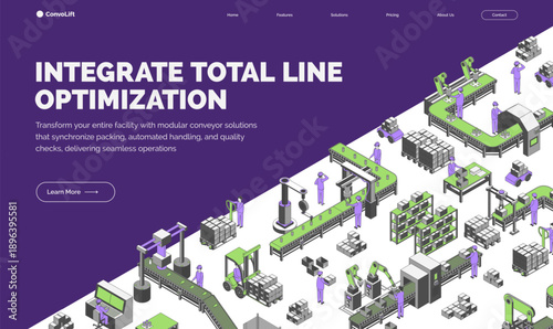 Cartoon Color Integrate Total Line Optimization Conveyor Processes Factory Concept Banner 3d Isometric View. Vector illustration