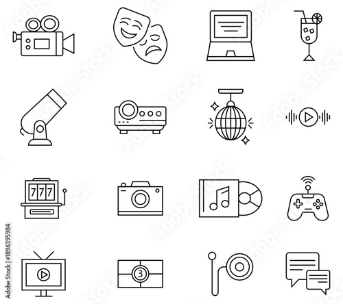Collection of entertainment web line icons. Containing cinema, video, reel, music, theater, party, play music, game and more. Vector illustration.