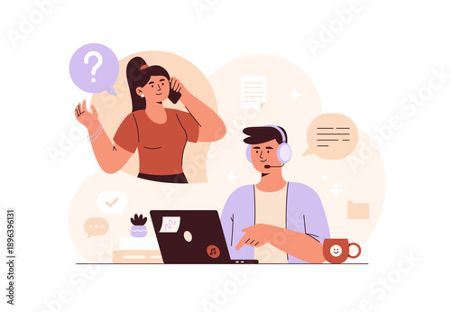 Customer service and support concept. Man answering phone calls and chatting with clients. Vector flat illustration isolated on a white background.