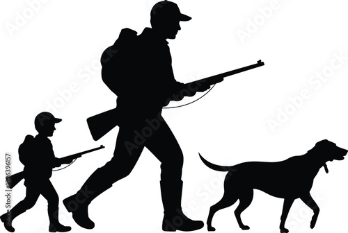 Silhouette of father and child hunters walking with dog and rifles, outdoor family hunting expedition symbolizing tradition, teamwork, wildlife tracking, rural adventure