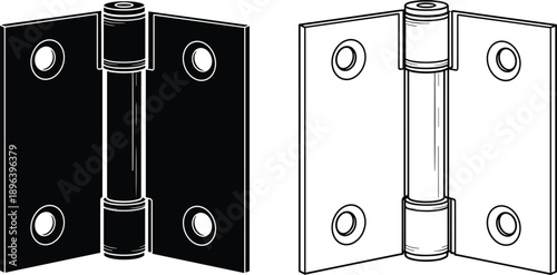 Door hinge vector illustration, black and white metal hardware, isolated industrial hinge design, simple line art for construction and furniture projects