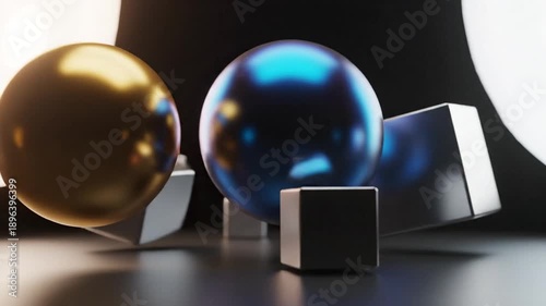 Abstract composition of metallic spheres and cubes reflecting light