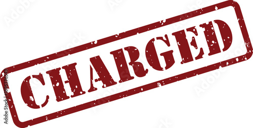 A distressed red rubber stamp with the word CHARGED clearly visible diagonally on a bright white space