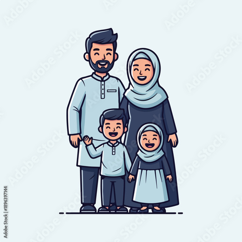 Happy muslim family with two kids standing together smiling