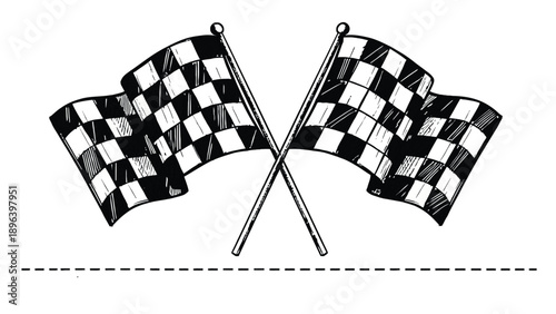 Illustration of two crossed black-and-white checkered flags against a white background, symbolizing a racing finish line. Dynamic and celebratory tone.