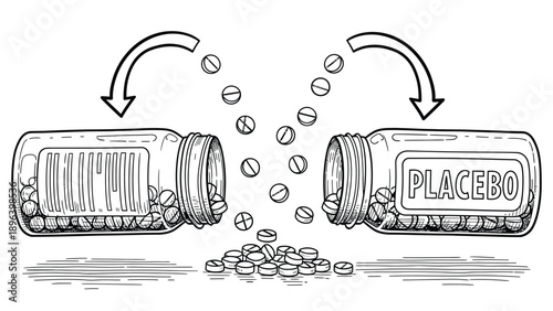Two jars with pills pouring out and merging. One jar reads "PLACEBO," and arrows indicate movement between them. Sketch conveys a scientific concept.