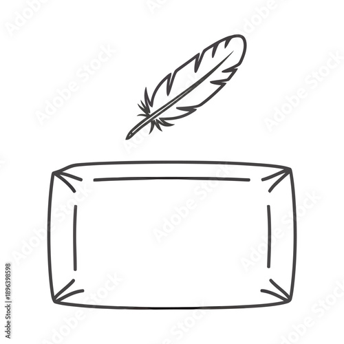 Simple line drawing of a feather floating above an inkwell symbolizing writing and creativity