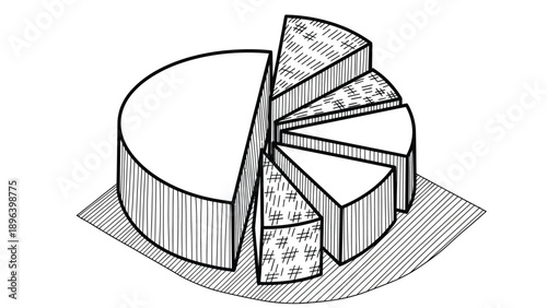 Hand-drawn pie chart with seven segments shaded differently on a hatched surface. The largest segment is empty, adding a playful artistic touch.