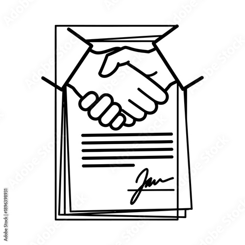 Handshake on signed contract document illustrating business agreement and partnership with formal handshake gesture