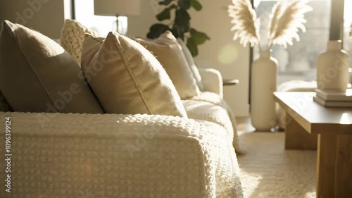 A sunlit corner of a living room featuring a plush, textured sofa adorned with soft pillows and a throw blanket, near a coffee table and decorative vase.