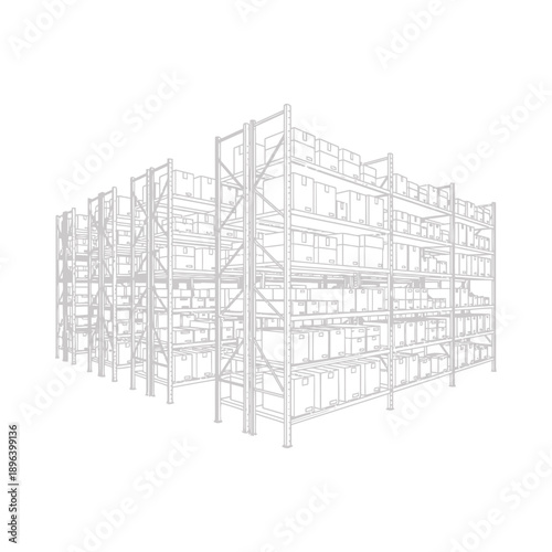 Detailed 3d warehouse construction blueprint with metal scaffolding and storage racks on white background