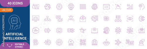 Artificial Intelligence icon set. Machine learning, neural network, deep learning, robotics, automation, data science, algorithm, chat bot, smart technology. Editable vactor