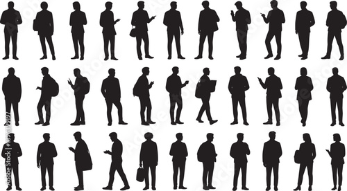 Collection of silhouettes of people standing and walking in various poses