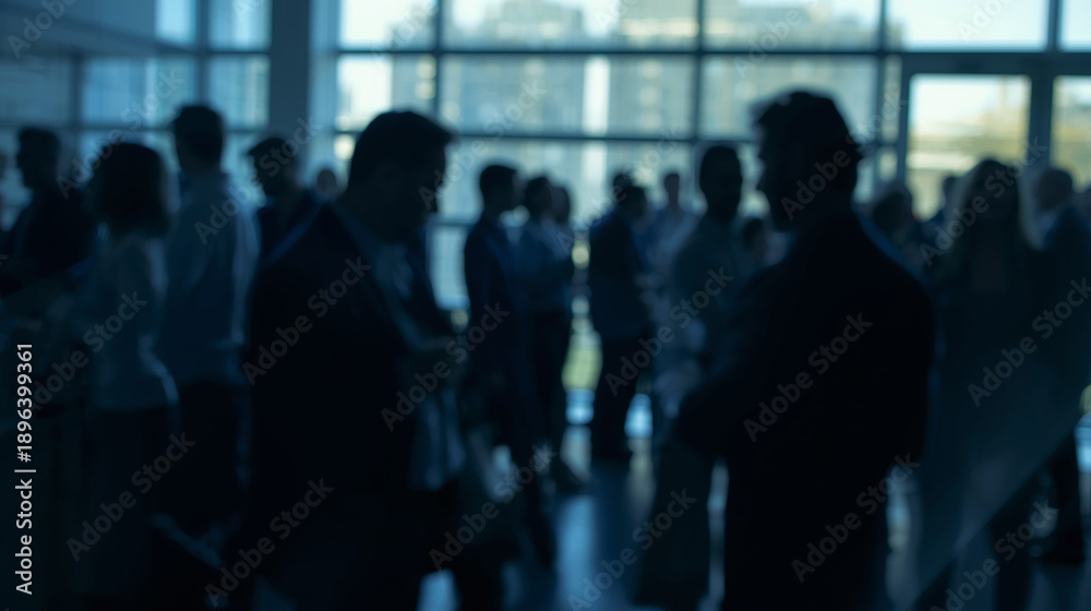 Fototapeta premium Soft defocused background of anonymous people silhouettes at a modern business networking event