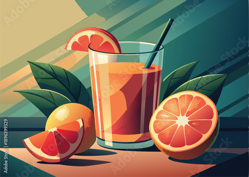 A glass of orange juice with sliced grapefruit