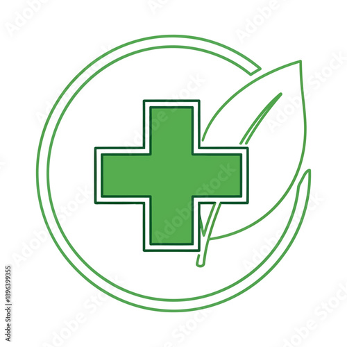 Green cross icon with leaf symbolizing health and wellness enclosed in a circular frame representing medical care nature and well being