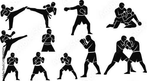 boxing martialarts combat fighting silhouette boxer kick punch training black vector se