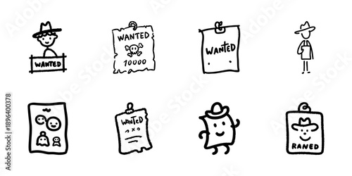 Wanted Poster Line Icon Set In Doodle Style. Bounty Hunting, Outlaw Identification, And Crime Alert Outline Sketch Collection. Western Theme. Hand Drawn Isolated Vector Illustration