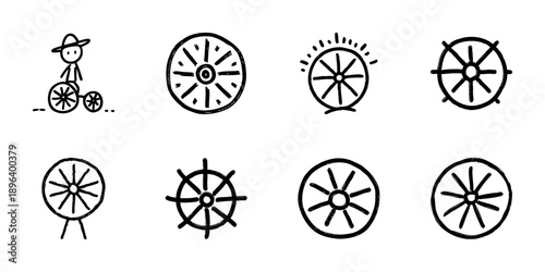 Bicycle Wheels And Cart Line Icon Set In Doodle Style. Transportation, Mobility, And Cycling Outline Sketch Collection. Vintage And Modern Wheel Designs. Hand Drawn Isolated Vector Illustration