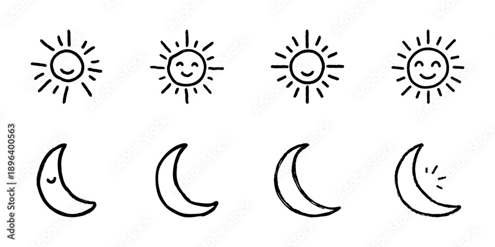 Fototapeta premium Sun And Moon Line Icon Set In Doodle Style. Day And Night Cycle, Time Passage, And Celestial Symbols Outline Sketch Collection. Hand Drawn Isolated Vector Illustration