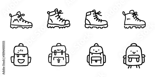Hiking Boots And Backpacks Line Icon Set In Doodle Style. Outdoor Adventure And Travel Gear Outline Sketch Collection. Camping And Trekking Essentials. Hand Drawn Isolated Vector Illustration