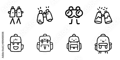 Binoculars And Backpacks Line Icon Set In Doodle Style. Outdoor Exploration And Adventure Gear Outline Sketch Collection. Camping And Hiking Essentials. Hand Drawn Isolated Vector Illustration