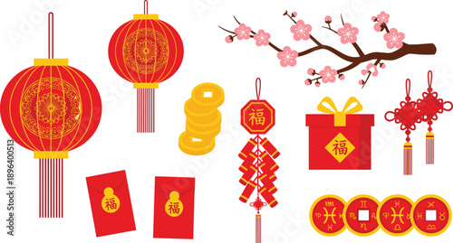 chinese new year festival decoration lantern red gold traditional holiday celebration oriental vector set