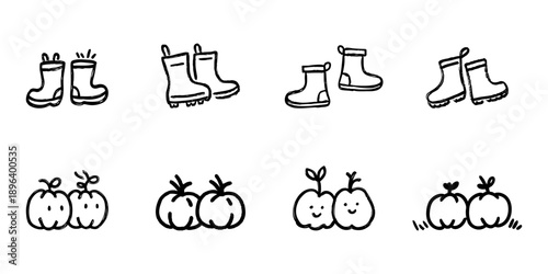 Rubber Boots And Pumpkins Line Icon Set In Doodle Style. Gardening, Harvesting, And Autumn Season Outline Sketch Collection. Hand Drawn Isolated Vector Illustration