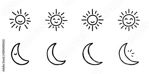 Sun And Moon Line Icon Set In Doodle Style. Day And Night Cycle, Time Passage, And Celestial Symbols Outline Sketch Collection. Hand Drawn Isolated Vector Illustration