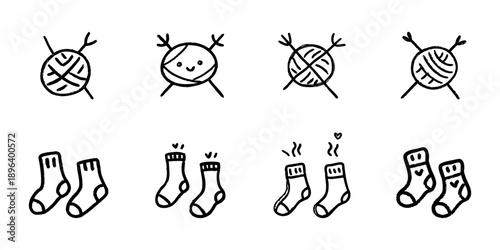 Yarn Balls And Socks Line Icon Set In Doodle Style. Knitting, Crafting, And Cozy Apparel Outline Sketch Collection. Hand Drawn Isolated Vector Illustration