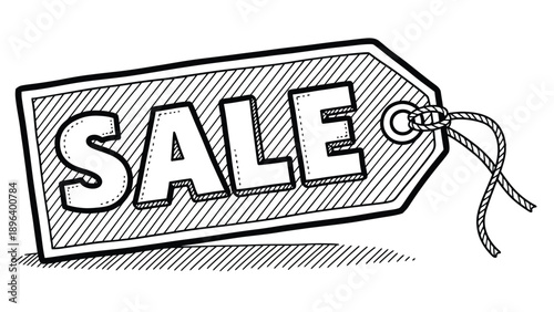 Sketched, outlined price tag with the word "SALE" in bold letters. The tag has a string attached, conveying a promotional, retail theme.