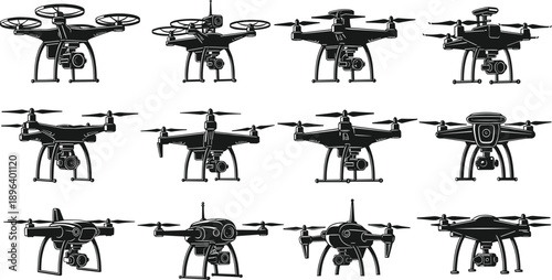 drone quadcopter uav technology aerial camera flying surveillance robotics modern innovation silhouette vector