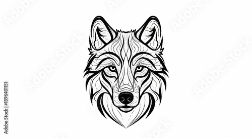Stylized Wolf Head Illustration with Intricate Line Art Details.