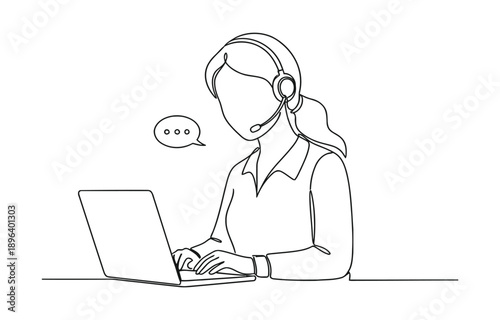Single continuous line drawing of young confused call center worker answering phone call from talkative customer in front laptop.
