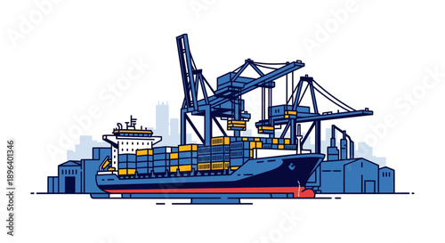 Large cargo ship with containers docked at a busy port.