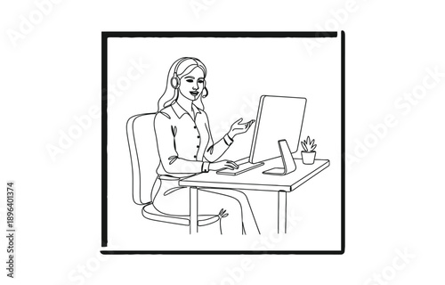 Single continuous line drawing of young confused call center worker answering phone call from talkative customer in front laptop.