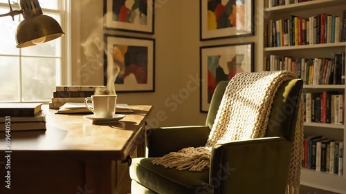 A tranquil home office captured in warm, directional sunlight. A comfortable armchair draped with a knitted blanket sits beside a wooden desk with steaming coffee and stacked books.
